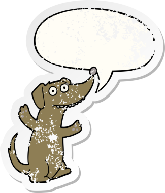 Konuşma baloncuğu olan çizgi film köpeği bir insan tarafından çizilmiş sıkıntılı eski bir çıkartma