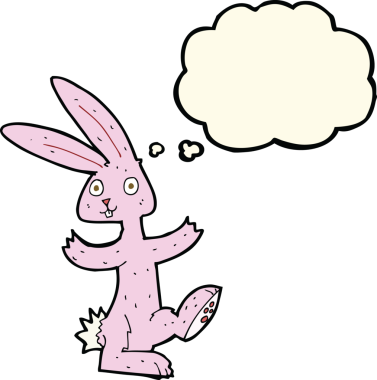 Bir insan tarafından çizilmiş düşünce kabarcığı olan çizgi film tavşanı.