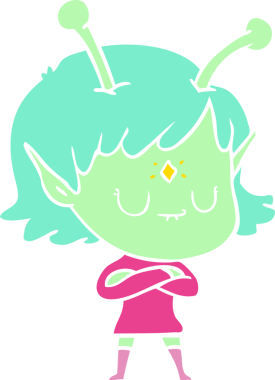 Bir insan tarafından çizilmiş düz renkli uzaylı kız çizgi filmi.