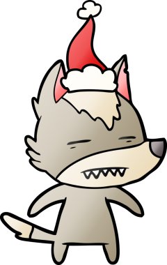 Bir insan tarafından çizilmiş Noel Baba şapkası giymiş bir kurdun el çizimi karikatürü.