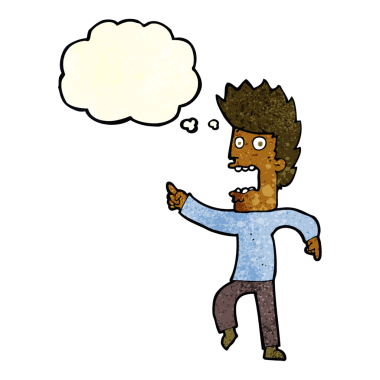 Bir insan tarafından çizilmiş düşünce baloncuğuyla dehşete düşmüş bir adam.