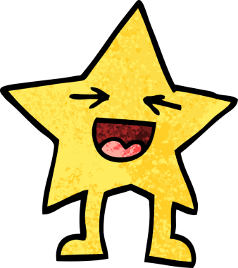 Grunge desenli resimli çizgi film gülen yıldız karakteri bir insan tarafından çizildi.