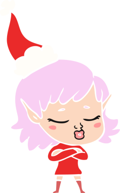 Bir insan tarafından çizilmiş Noel Baba şapkası giyen bir elf kızının güzel düz çizilmiş resmi.