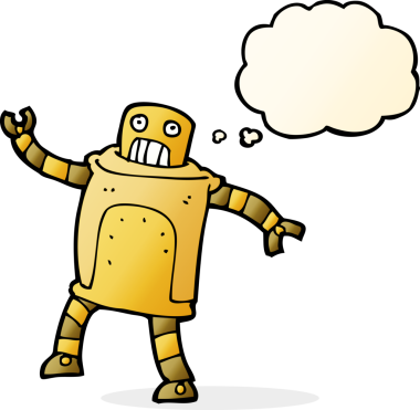 Bir insan tarafından çizilmiş düşünce baloncuklu çizgi film robotu