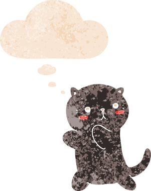 Düşünce baloncuklu sevimli çizgi film kedisi grunge sıkıntılı retro desen bir insan tarafından çizilmiş