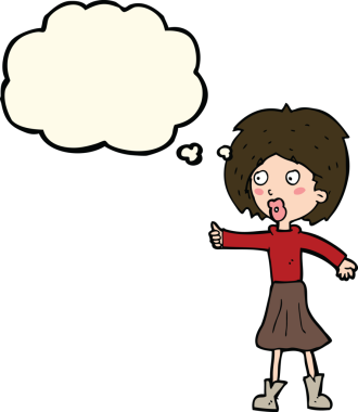 Bir insan tarafından çizilmiş düşünce baloncuğu olan çizgi film kadını.