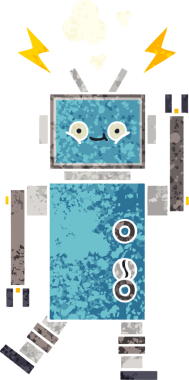 Bir insan tarafından çizilmiş dans eden robotun retro çizim tarzı karikatürü