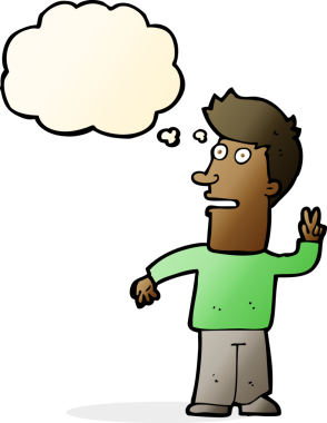 Bir insan tarafından çizilmiş düşünce baloncuğuyla barış işareti yapan çizgi film adamı.