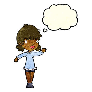 Bir insan tarafından çizilmiş düşünce baloncuğuyla el sallayan çizgi film kadını.