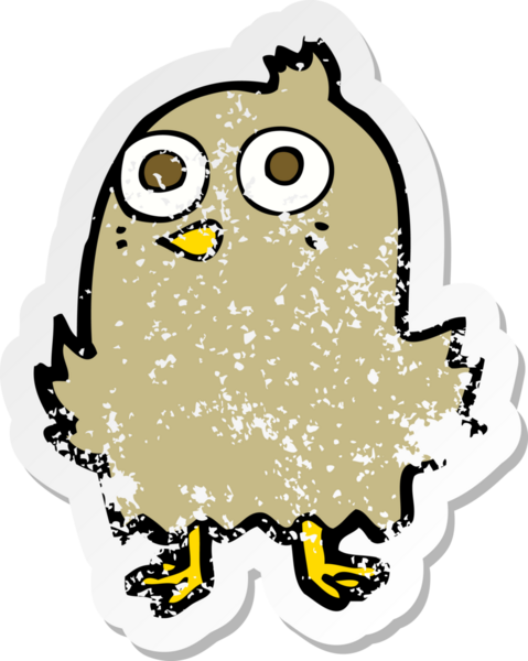 Bir insan tarafından çizilmiş komik bir karikatür kuşunun gerilmiş çıkartması.