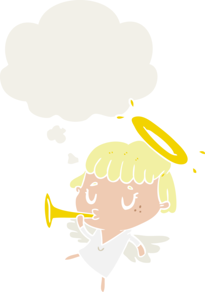 Düşünce baloncuğu olan karikatür meleği insan tarafından çizilmiş.