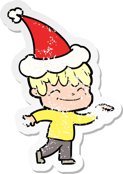 Bir insan tarafından çizilmiş Noel Baba şapkası giymiş mutlu bir çocuğun el çizimi çıkartması.