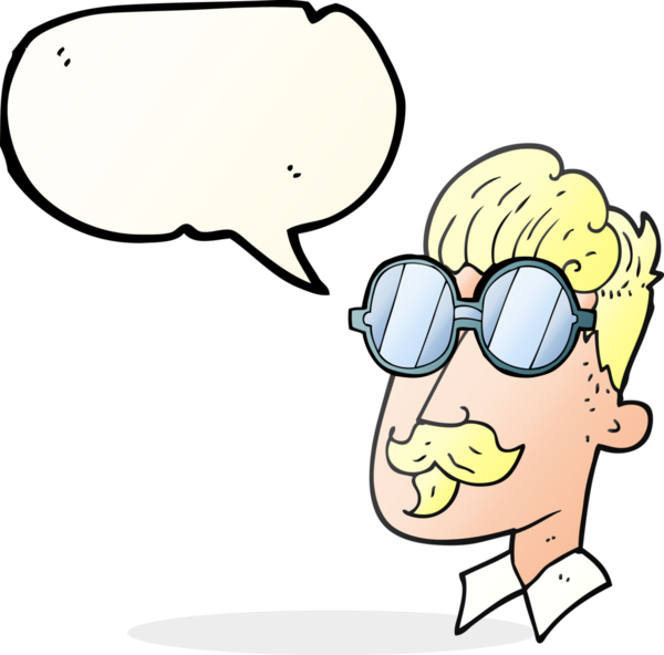Bir insan tarafından çizilmiş bıyıklı ve gözlüklü serbest konuşma balonu karikatürü adam.