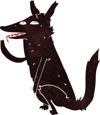 Bir insan tarafından çizilmiş pençeleri yalayan kurt çizgi filmi.