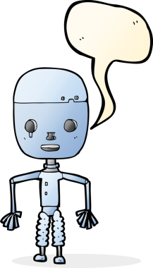Bir insan tarafından çizilmiş konuşma balonu olan çizgi film robotu.