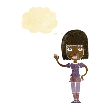 Bir insan tarafından çizilmiş düşünce baloncuğuyla el sallayan çizgi film kadını.