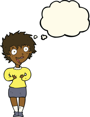 Bir insan tarafından çizilmiş düşünce baloncuğu olan heyecanlı bir kadın.