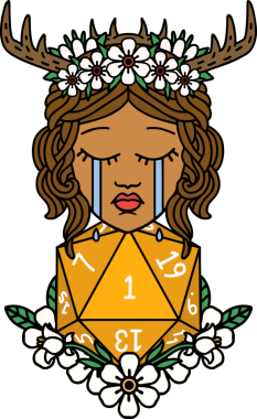 Retro Dövme Tarzı Ağlayan İnsan Druid Bir insan tarafından çizilmiş doğal bir D20 ruloyla