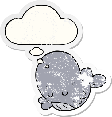 Düşünce baloncuğu olan karikatür balinası bir insan tarafından çizilmiş yıpranmış bir çıkartma.