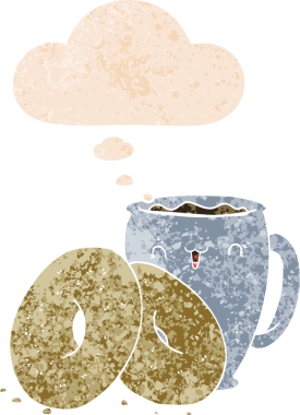 Düşünce baloncuklu çizgi film kahveyi ve çörekleri grunge dertli eski moda bir insan tarafından çizilmiş.