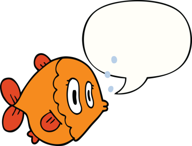 Bir insan tarafından çizilmiş konuşma balonlu çizgi film balığı.