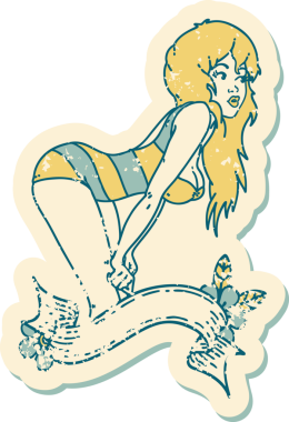 İkonik sıkıntılı dövme stili. Yüzme kostümlü bir kız resmi. Üzerinde bir insan dövmesi var.