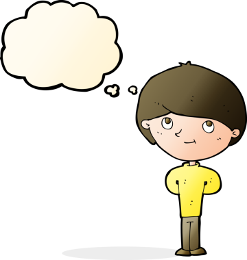 Bir insan tarafından çizilmiş düşünce balonu olan mutlu çocuk çizgi filmi.