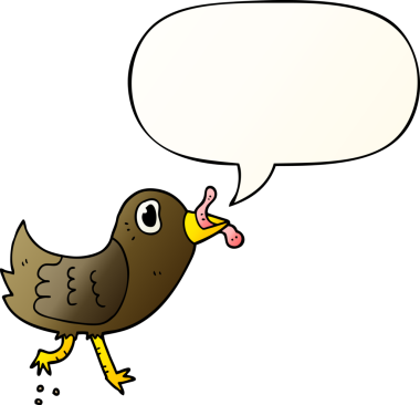 Bir insan tarafından çizilmiş yumuşak eğimli konuşma baloncuklu solucanlı çizgi film kuşu.