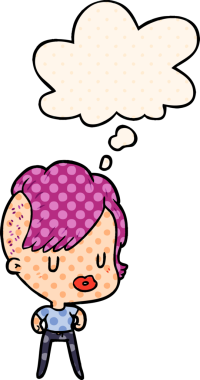 Bir insan tarafından çizilmiş çizgi roman tarzı düşünce baloncuğu olan çizgi film kızı.