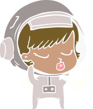 Düz renkli çizgi film. Güzel astronot kız. Bir insan tarafından çizilmiş uzay kaskını çıkarıyor.