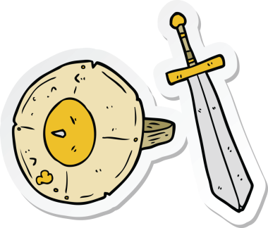 Çizgi film kalkanı ve bir insan tarafından çizilmiş kılıç çıkartması.