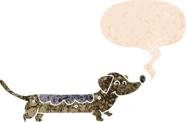 Bir insan tarafından çizilmiş grunge dertli retro tarzı konuşma baloncuğu ile çizgi film köpeği