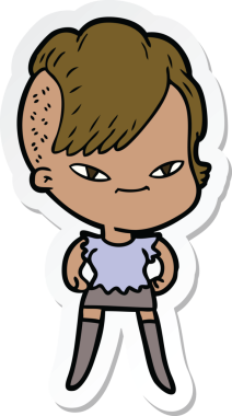 Hipster saç kesimi bir insan tarafından çizilmiş şirin bir çizgi film kızına ait etiket.