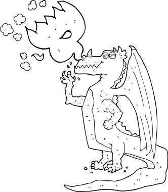 Bir insan tarafından çizilen serbest çizim siyah beyaz çizgi film mutlu ejderha soluyan ateş