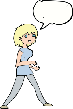 Bir insan tarafından çizilmiş bir konuşma balonuyla yürüyen bir karikatür kadını.