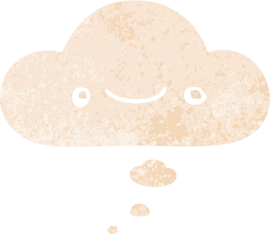 Mutlu çizgi film yüzü, insan tarafından çizilmiş grunge dertli retro tarzı ile düşünce baloncuğu