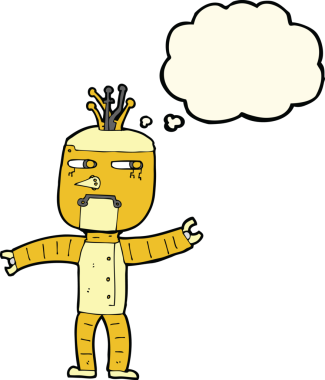 Bir insan tarafından çizilmiş düşünce baloncuklu çizgi film robotu