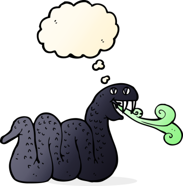 Bir insan tarafından çizilmiş düşünce baloncuklu çizgi film yılanı.