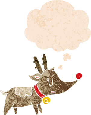 Düşünce baloncuğu ve grunge ile karikatür noel ren geyiği bir insan tarafından çizilmiş sıkıntılı retro dokuma