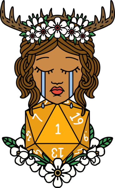 Retro Dövme Tarzı Ağlayan İnsan Druid Bir insan tarafından çizilmiş doğal bir D20 ruloyla