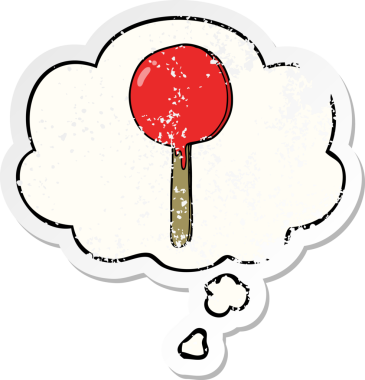 Düşünce baloncuklu çizgi film lolipopu insan tarafından çizilmiş yıpranmış bir çıkartma.