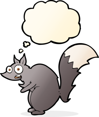 Bir insan tarafından çizilmiş düşünce baloncuklu komik sincap çizgi filmi.