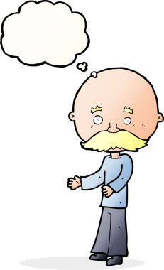 Bir insan tarafından çizilmiş düşünce baloncuklu bıyıklı çizgi film adamı.