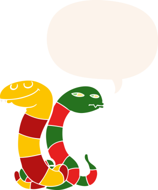 Bir insan tarafından çizilmiş, konuşma baloncuklu çizgi film yılanları.