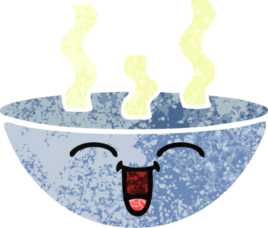 Bir insan tarafından çizilmiş sıcak bir çorba kasesinin retro çizim tarzı karikatürü.