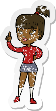 Bir insan tarafından çizilmiş, karikatürlü çekici bir kızın gerilimli retro yapıştırması.