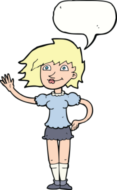 Bir insan tarafından çizilmiş bir konuşma balonuyla el sallayan çizgi film kadını.