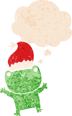 Hoş bir çizgi film kurbağası, Noel şapkası takıyor. Düşünce baloncuğu ve grunge desenli, sıkıntılı bir insan stili çiziyor.