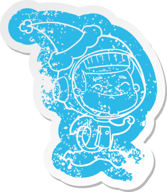 Mutlu çizgi film, bir insan tarafından çizilmiş Noel Baba şapkası giyen bir astronotun sıkıntılı çıkartması.