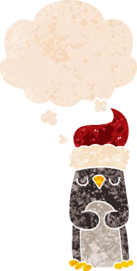 Homurdanan düşünce baloncuğu olan karikatür noel pengueni bir insan tarafından çizilmiş dertli retro tarzı